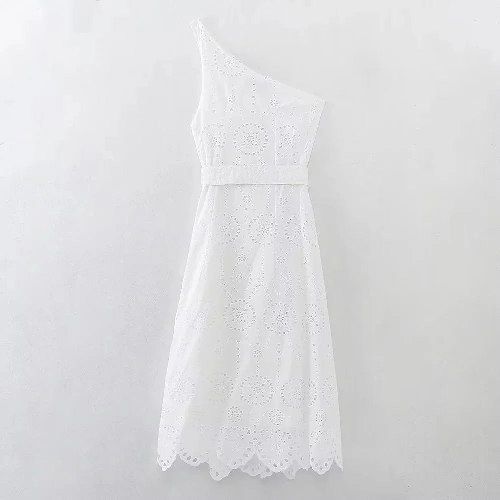 Foridol White One Shoulder Autumn Cotton Dress Women Winter Casual Dress Vestidos Maxi New Embroidery Boho Beach Dress Holiday