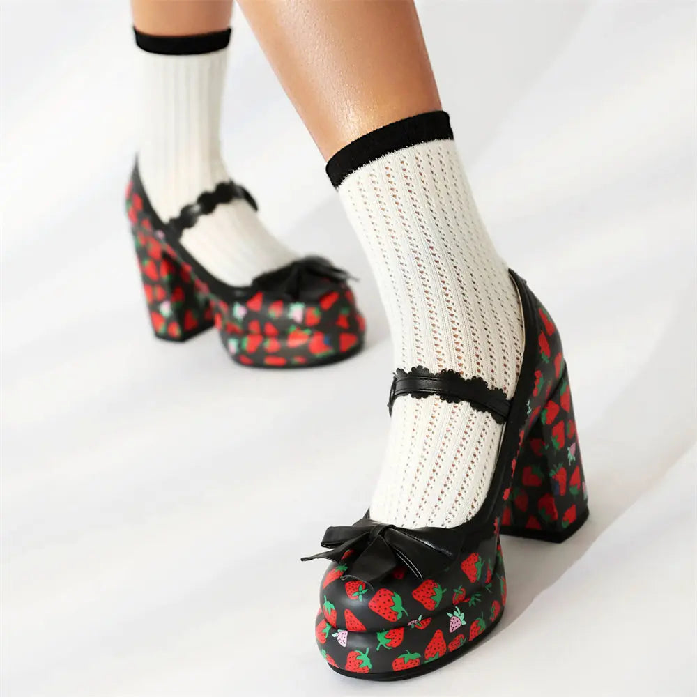 Big Size 43 High Quality Women's y2k Block High Heels Sweet Strawberry Print Mary Jane Pumps Black Pink Platform Lolita Shoes