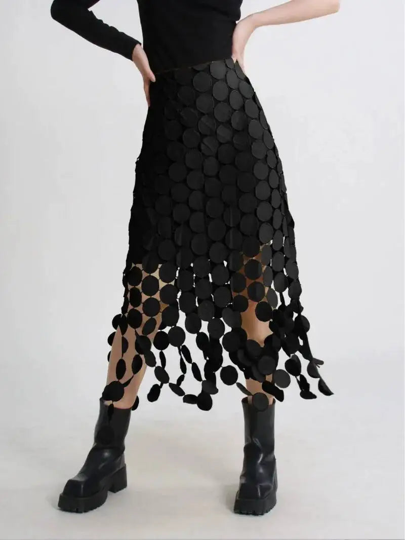 Dot Solid Minimalist Casual Skirt For Women High Waist Patchwork Zipper Irregular Hollow Out Skirts Female Fashion New OPM8