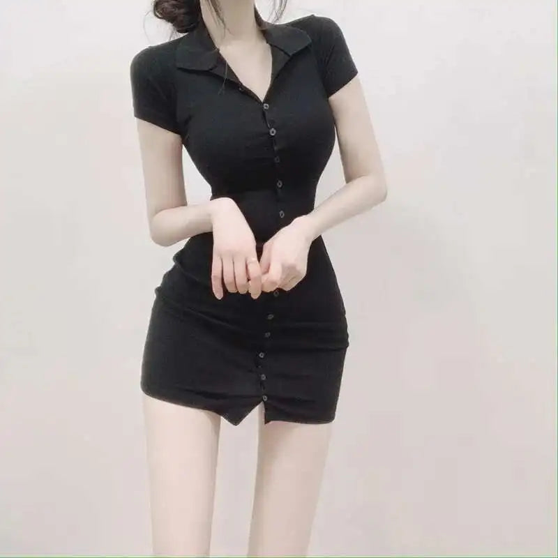 South Korea 2023 New Spring/Summer Dress Small Sexy Slim Fit Temperament Tight Short Sleeve Slim Wrap Hip Short Dress IDEI