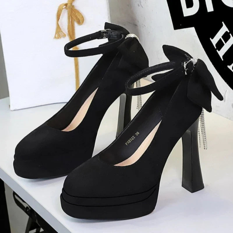 BIGTREE Women's Pointed Toe High Heels Back Bowknot Elegant Flock Ankle Strap Pumps for Women Black Dress Shoe Wedding Party