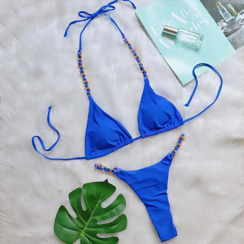 DEKA Brazilian Chain Bikini Set Women's Swimsuit Stylish Solid Thong Swimwear Diamond Separate Beachwear Bathing Suit