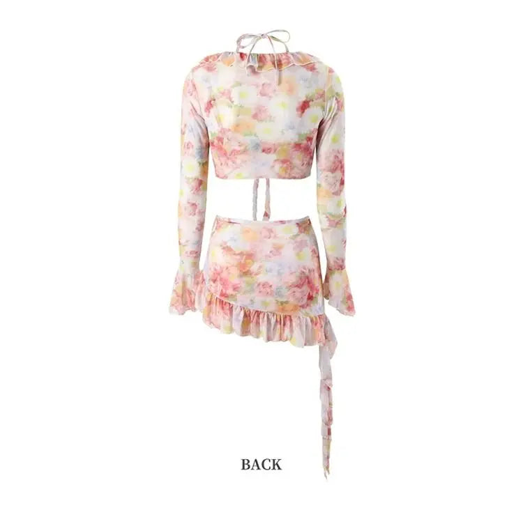Bikinis Set Swimsuit Women Sweet Floral Prints Summer Girlish Sexy Ruffles Korean Style High Waist Swimwear Fashion Beach Wear