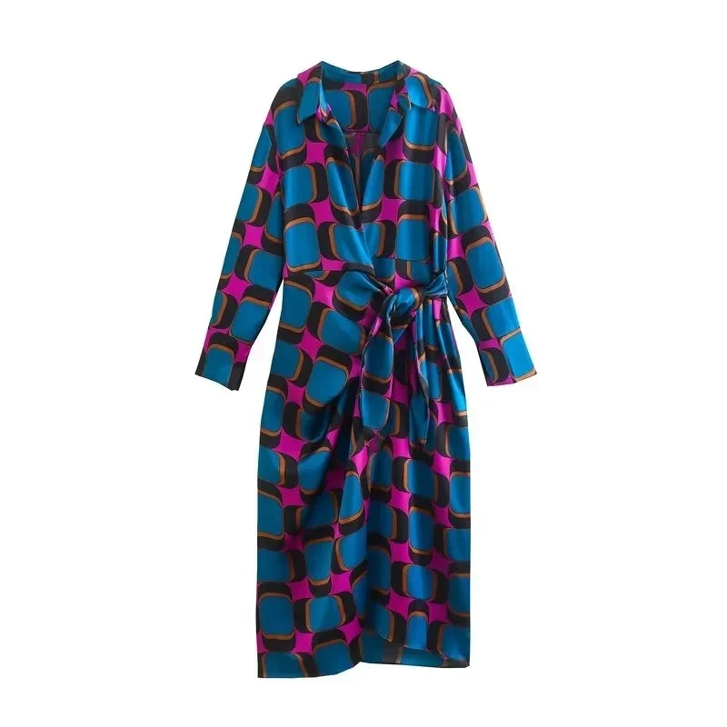 Foridol Side Split Women Fashion Geometric Print Blue New In Shirt Wrap Dress Women Long Sleeve Bowknot Maxi Long Vestido Robe