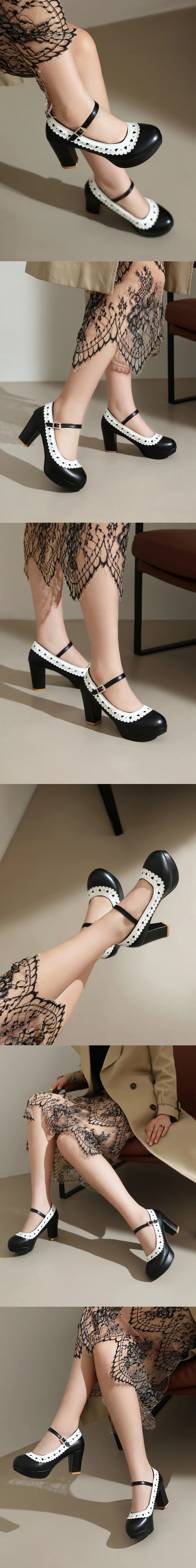 Plus Size 45 Sweet Mary Janes Shoes Women Cute Blue Block High Heels Lolita Pumps Lovely Pink Heart Edge Platform High-heeled