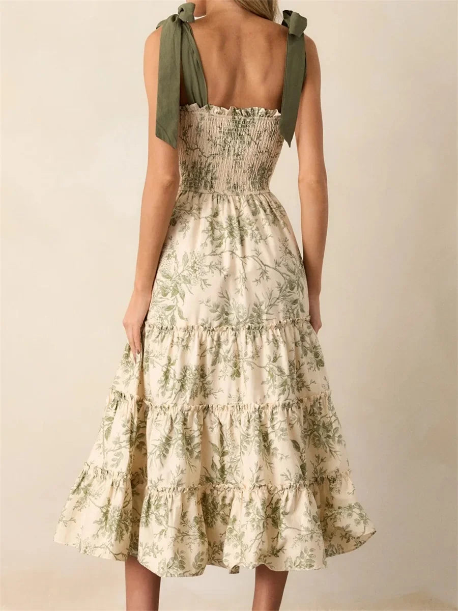 Women's Summer Floral Print Dresses Stylish Ruffled Trim Smocked Sleeveless Tie-Shoulder A-Line Dress