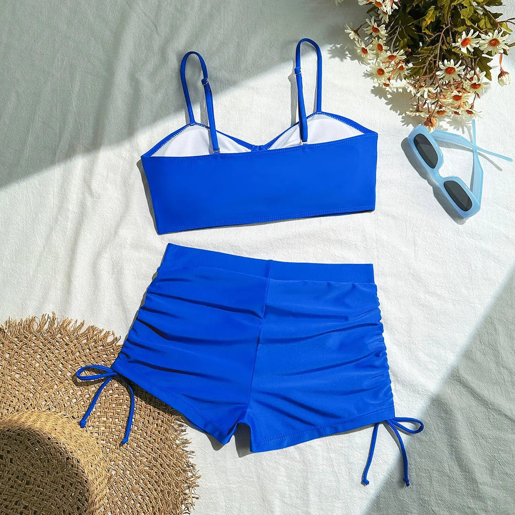 Wrinkled Knotted Shorts High Waist Bikini Female Swimsuit Women Swimwear Two-pieces Bikini Set Tankini Bathing Suit Swim Beach