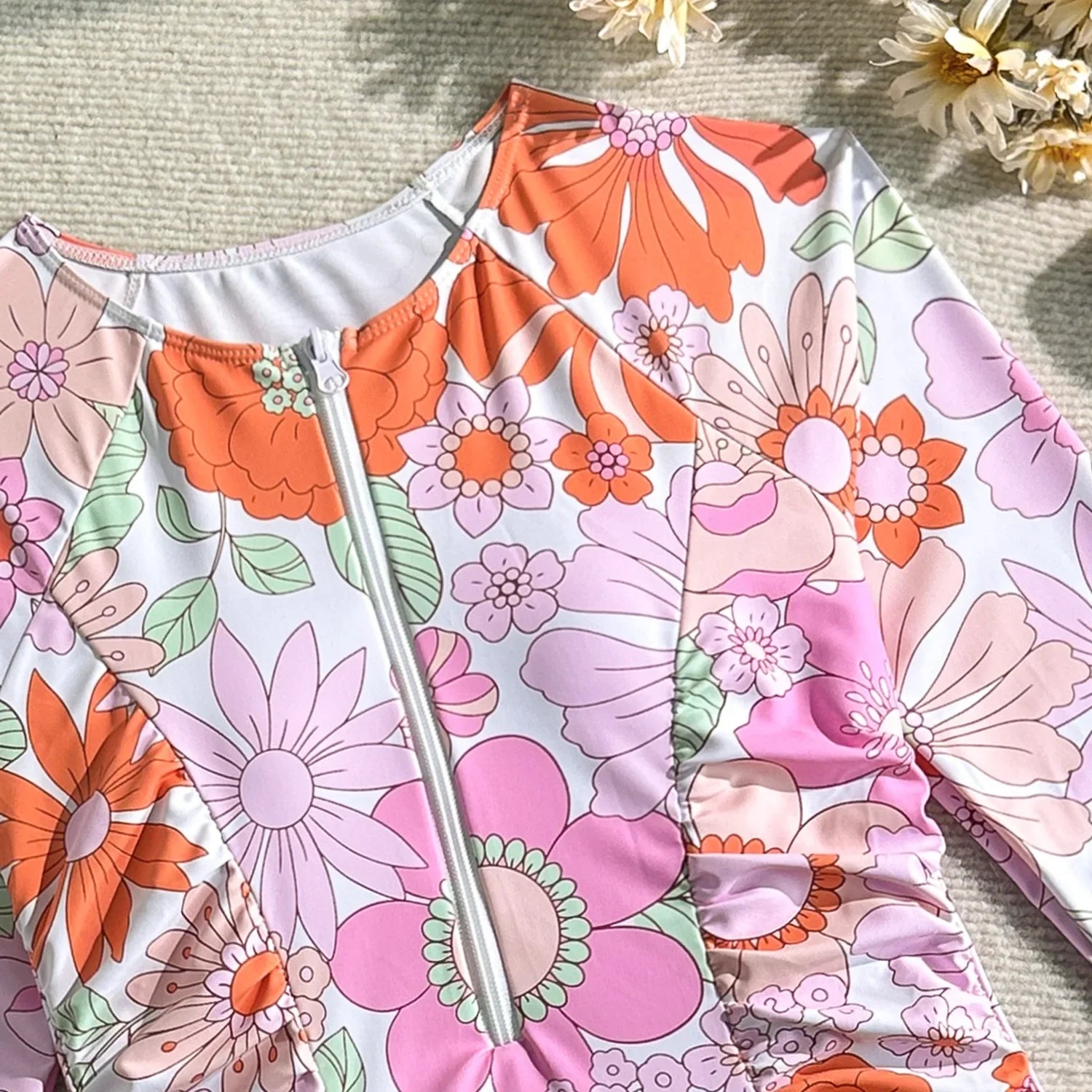 Pink Floral Print Surf Swimwear Women Front Zipper Long Sleeve Sunscreen Holiday One Piece Swimsuit Bathing Suit Monokini 2026