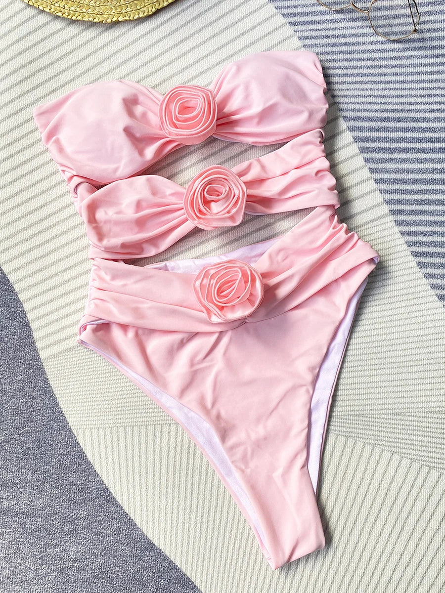 Sexy 3D Flowers Bandeau Monokini Hollow Out Female Swimwear One Piece Swimsuit Women High Cut Bathing Suit Swim Lady Beach wear