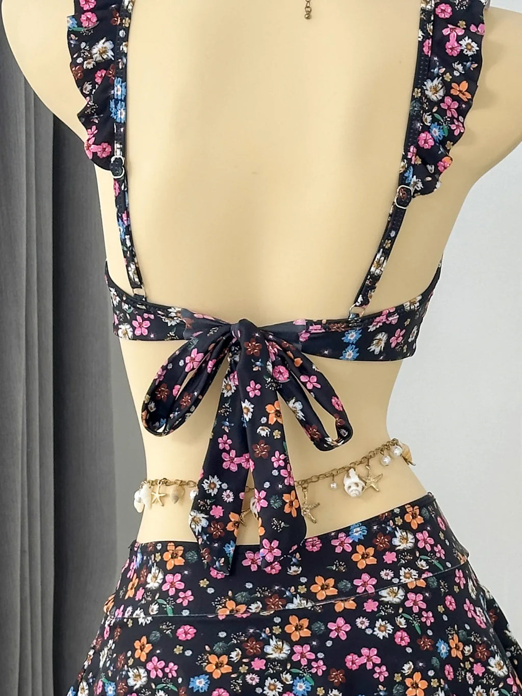 Sexy Navy Floral Print Bikinis Sets Women Front Tie Push Up Bra Holiday Swimsuit 2026 Bathing Suit Lace Ruffles Skirt Swimwear