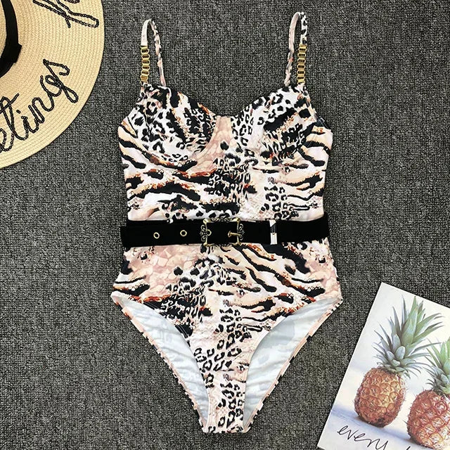 Ribbed Push up Underwired Metal Chain Women Swimwear One Piece Swimsuit Female Waist Belt Monokini Bather Bathing Suit Swim Lady
