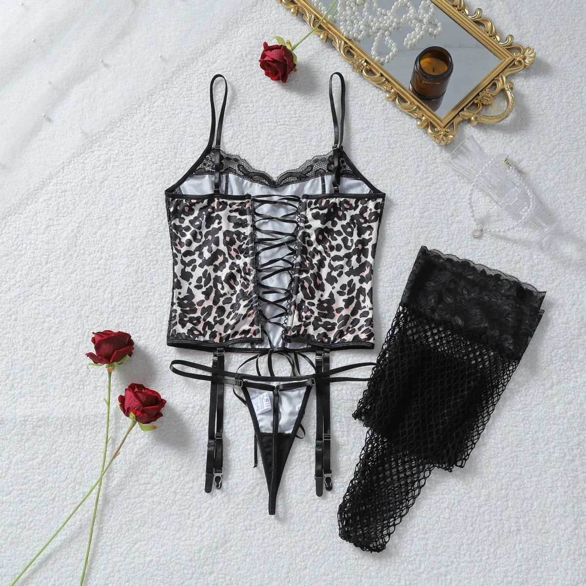Toucheart Erotic Lingerie Hot Girl Sexy Leopard Print Suspender See-through Lace Waist Shaping Luxurious Hot Underwear Split Set
