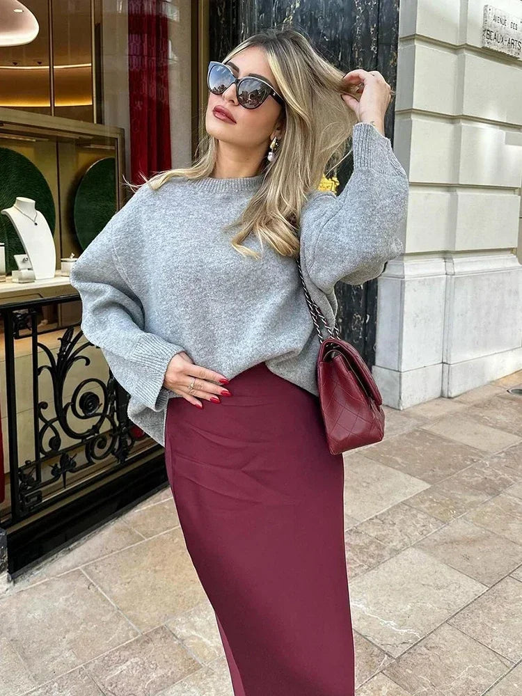 Foridol Autumn Winter Burgundy Satin Skirt Women Party Silk Skirt High Waist Straight Long Faldas Mujer Christmas Skirt