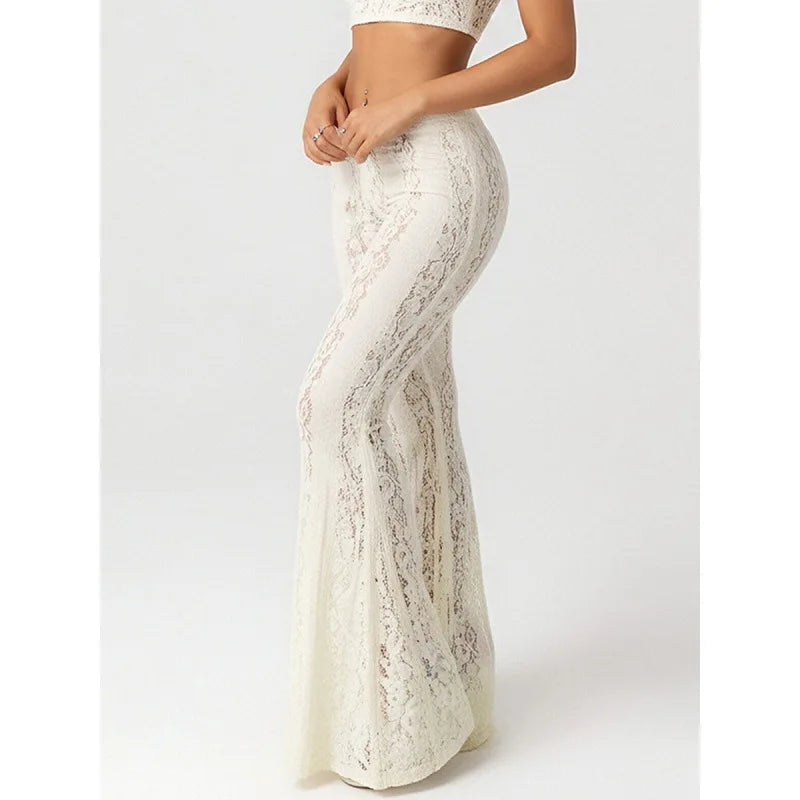 2026 spring and summer slim fit hip-hugging low-waist lace bell-bottom casual pants