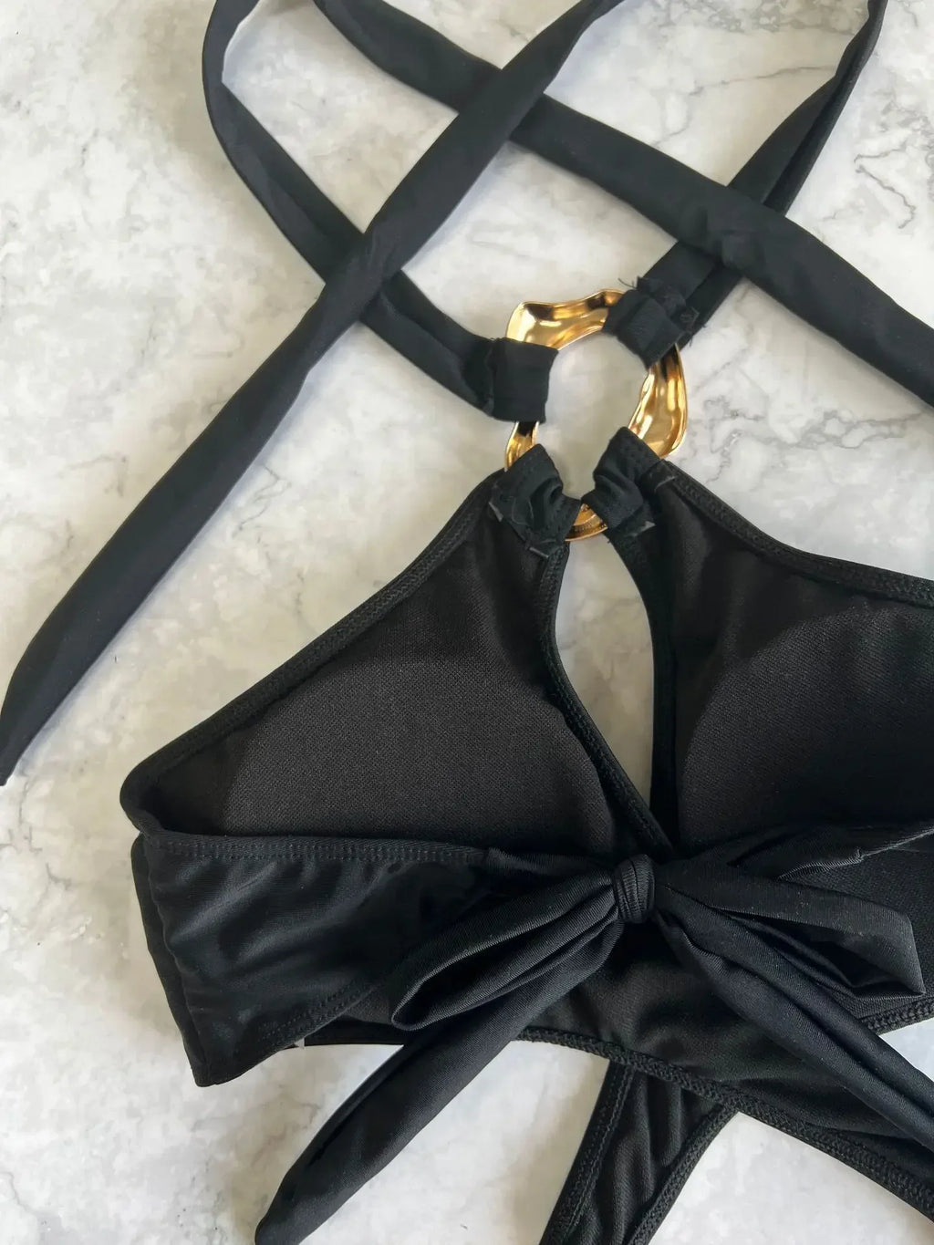 Sexy Black Ring Bikinis One Piece Cross Hollow High Waist Bathing Suits Biquini Back Tie Swimwear Women Beach Monokini Beachwear