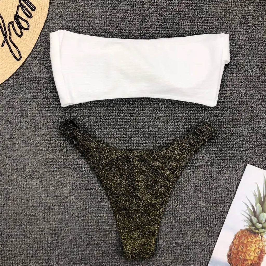 New Sexy Bandeau Shiny Glitter Bikini Women Swimwear Female Swimsuit Two-Pieces Bikini Set Bather Bathing Suit Swim Lady V1109