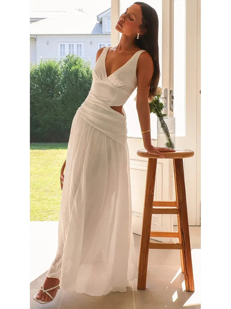 Foridol White Long Dress for Women V Neck Waist Cut Out Tank Beach Dresses New in Summer Spring Long Vestidos Casual Party Dress