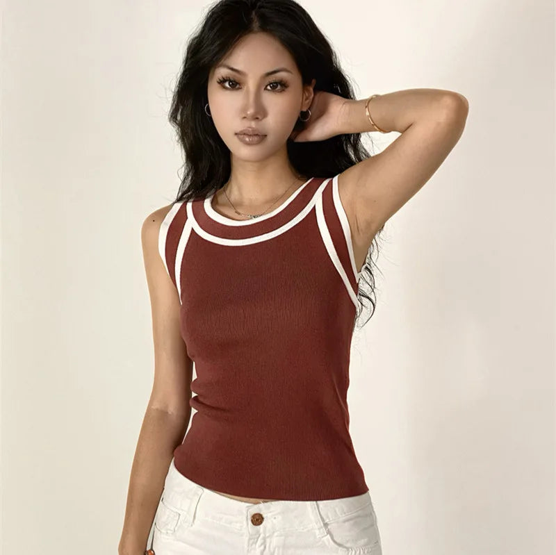 Slim-fit Color-blocked Sleeveless Tank Top For Women Spring Round-neck Slim-fit Hot Girl Knit Short Top Casual Style 77RB