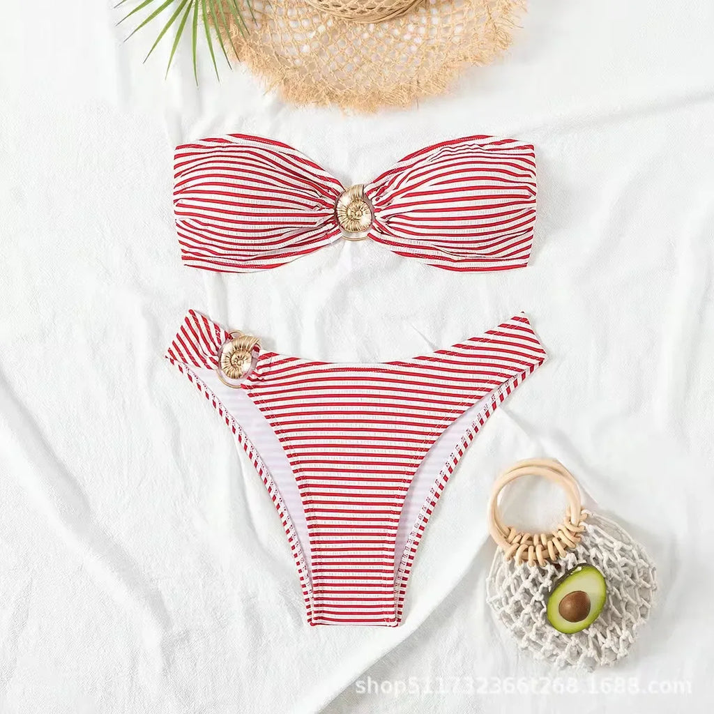 Bikini Fashion Sexy Slim Fit Two-piece Set with Personalized Stripe Beautiful Split Swimsuit for Women Bikini Strapless Swimwear