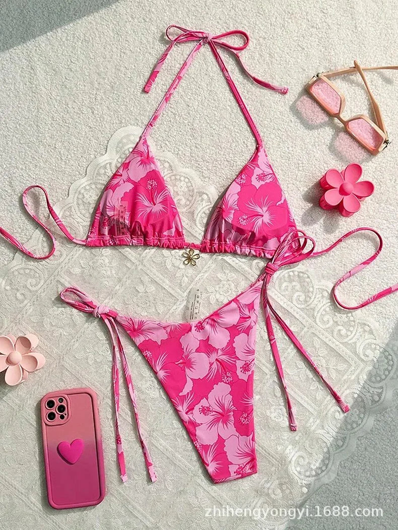 New New Floral Tie-Detail Bikini Sexy Three-Point Women's Swimsuit Sporty Yoga Fitness Fans' Goods Swimsuit Bikini