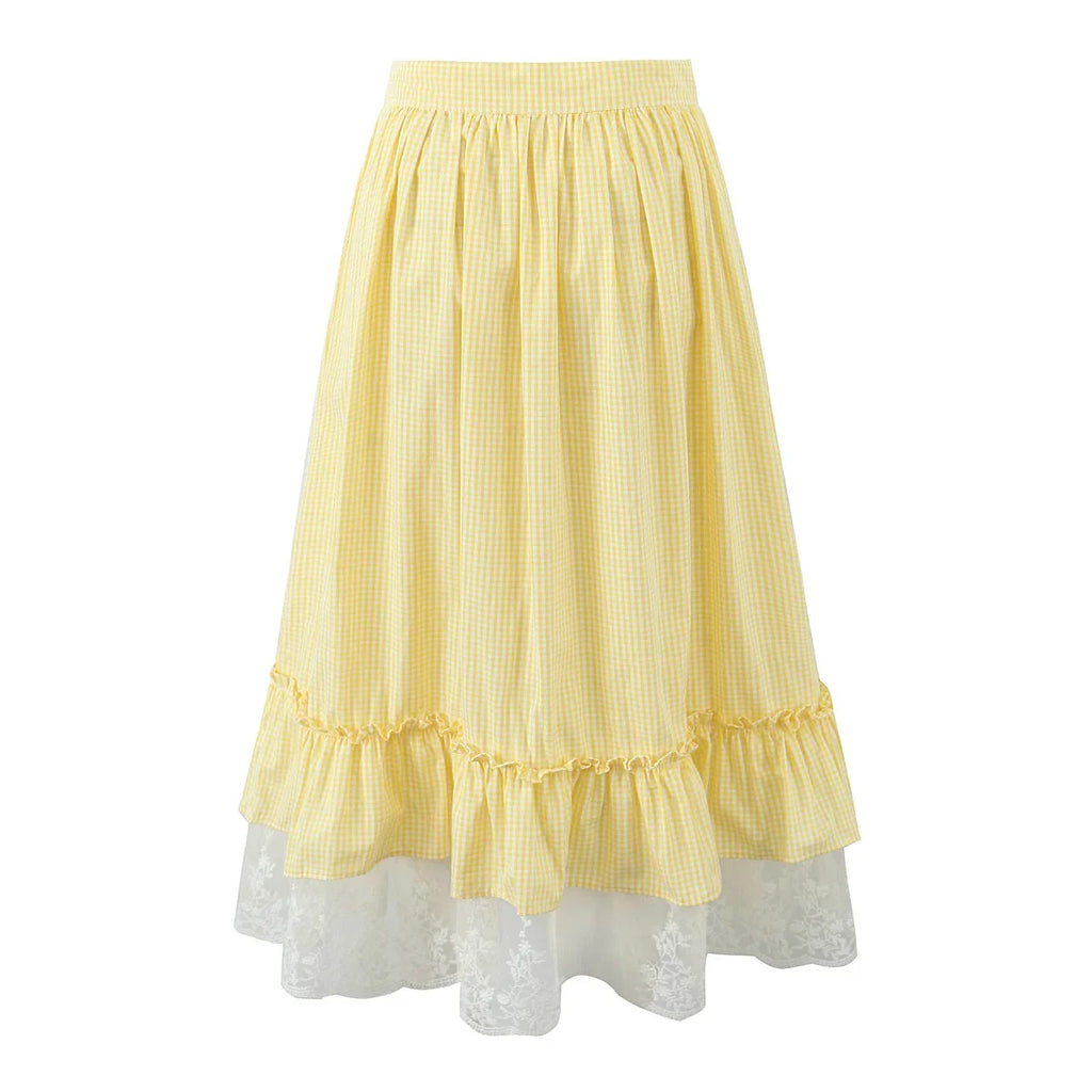 Foridol Gingham Printed Yellow Women Summer Dress Set Lace Top+skirt Sets Vintage French Style Midi Dress Oufits Plaid Vestidos