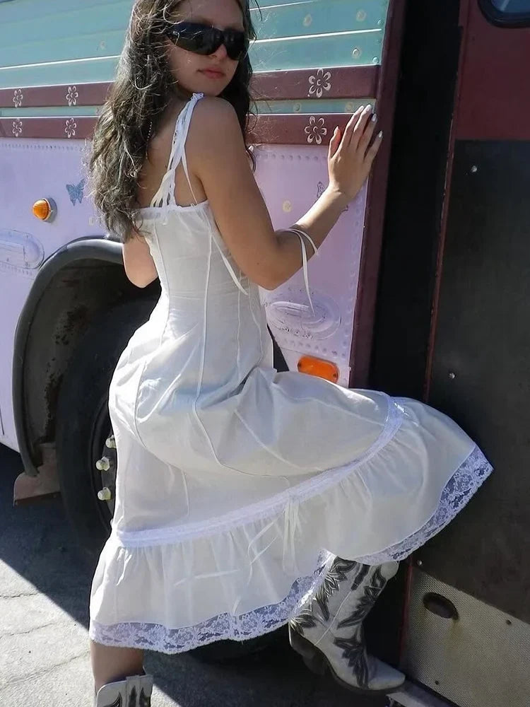 Summer Womens White Dresses Spaghetti Strap New in Long Dress 2025 Beach Casual Midi Party Vestidos Single Breasted Lace Dress