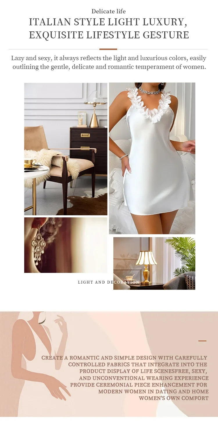 Summer Contrast Sensual Ice Silk Satin Nightdress for Women Deep V Backless Split Slip Nightgown Sleep Dress Pajamas