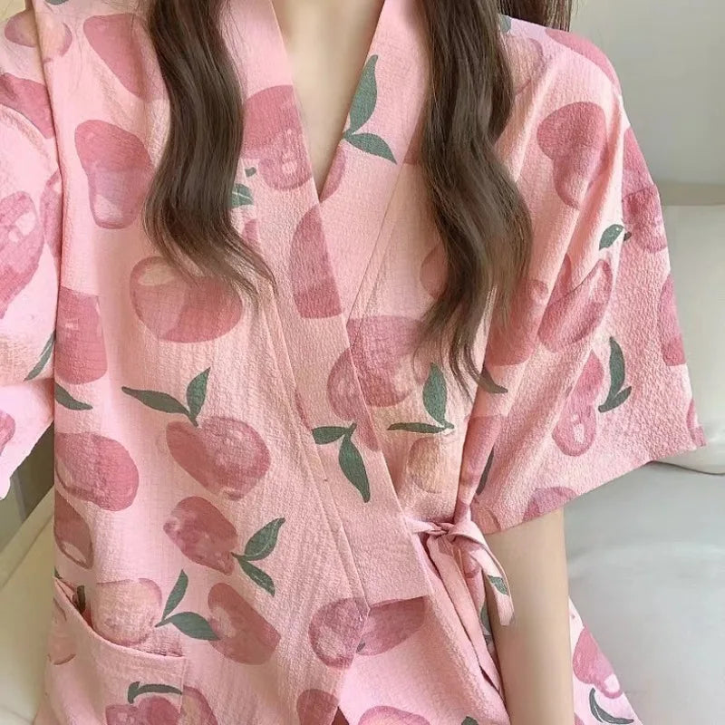 Womens Nightwear Loungewear Kimono Pajamas Student Short Sleeves Shorts Peach Print Tops and Pants Set Sleepwear Comfortable