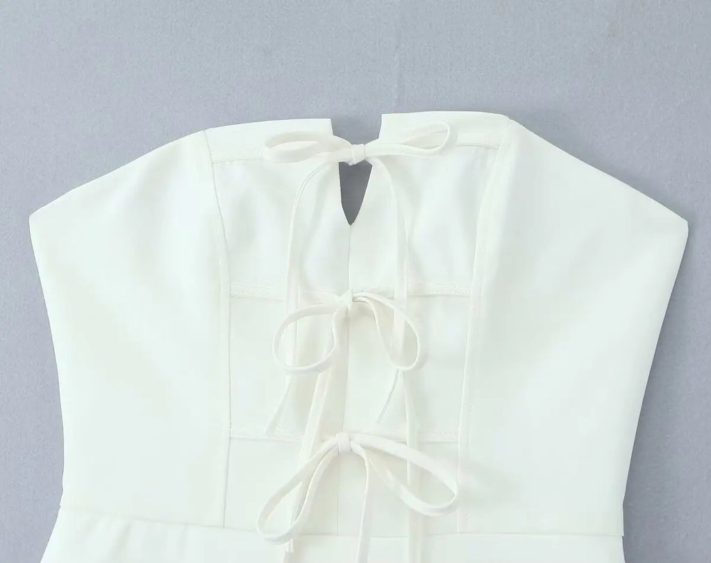 Bowknot Off Shoulder Strapless Party Short Dress for Women 2025 Elegent Lady White Pleated Mini Vestidos Female Backless Dress