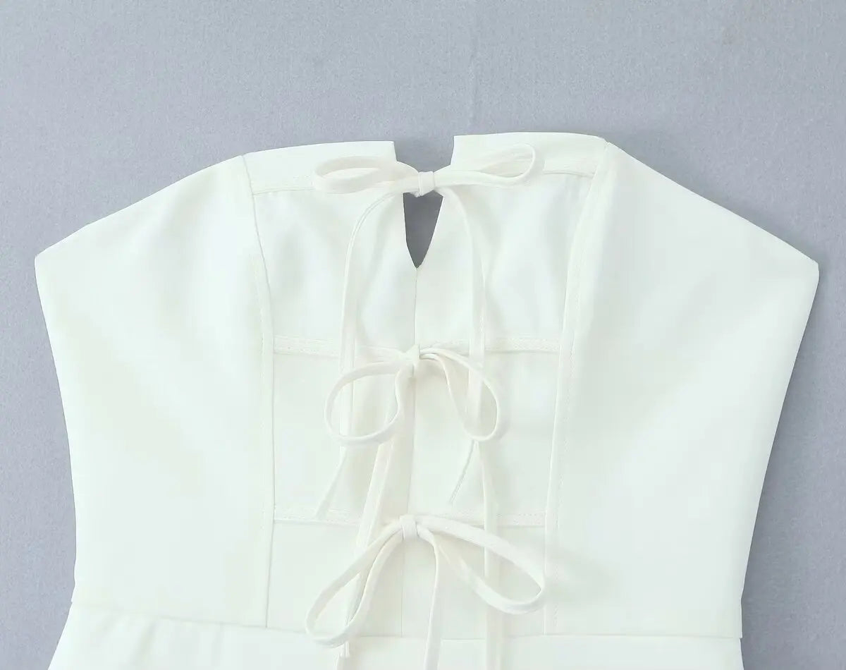 Bowknot Off Shoulder Strapless Party Short Dress for Women 2025 Elegent Lady White Pleated Mini Vestidos Female Backless Dress