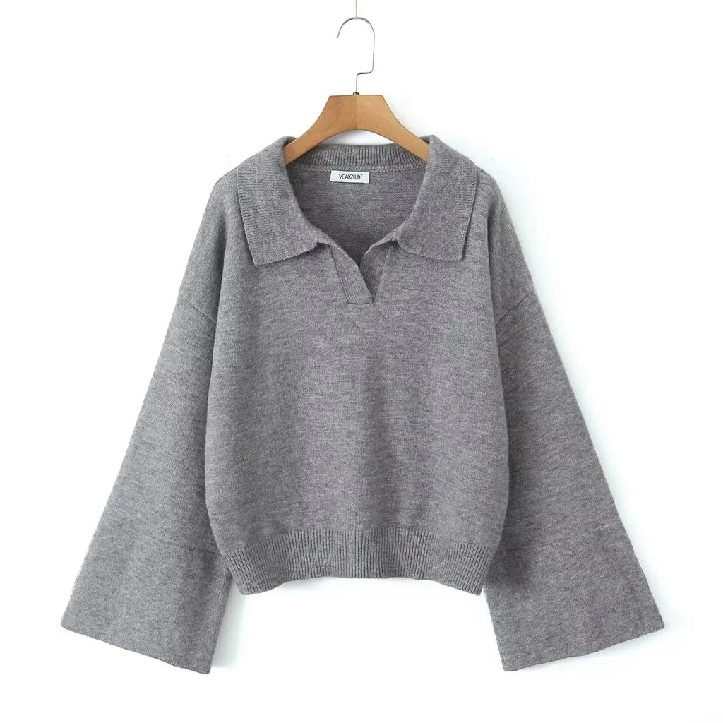 Foridol Grey Flare Sleeve Turn Down Collar Warm Winter Sweater Women Pullover Knitted Jumper Autumn Casual Sweater Loose