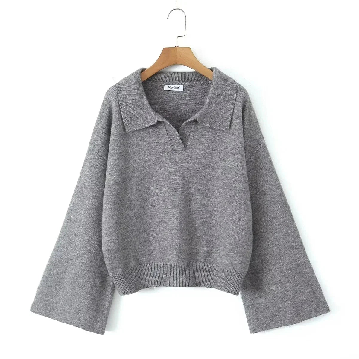 Foridol Grey Flare Sleeve Turn Down Collar Warm Winter Sweater Women Pullover Knitted Jumper Autumn Casual Sweater Loose