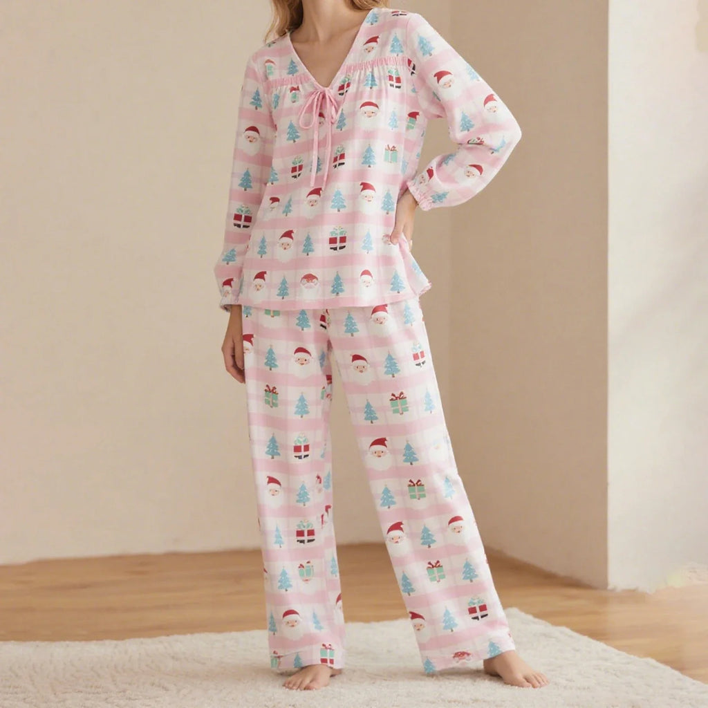 Women Christmas Pajamas Long Sleeve Tie-up V Neck Tops and Pants Loose Fall Winter Two Piece Loungewear