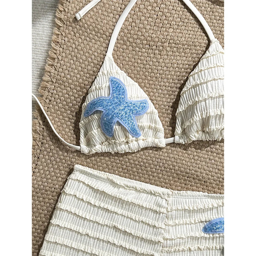 Sequins Starfish Halter High Waist Bikini Female Swimsuit Women Swimwear Two-Pieces Bikini Set Bather Bathing Suit Swim V8215
