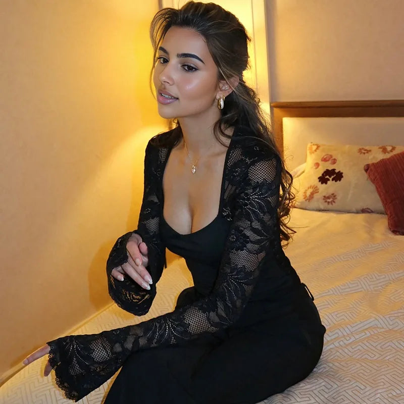 FDYOUI 2026 New Lace Patchwork Long Sleeve T-shirts for Women Square Collar See-through Slim Crop Tops White Black Tee Shirt