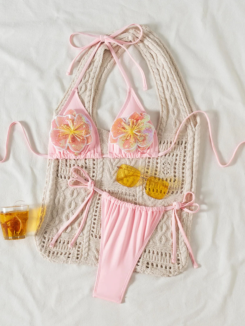 sexy 3d sequine flower pink bikinis sets two pieces swimsuits halter tie thong Swimwear Biquini conjunto de bikini tankini