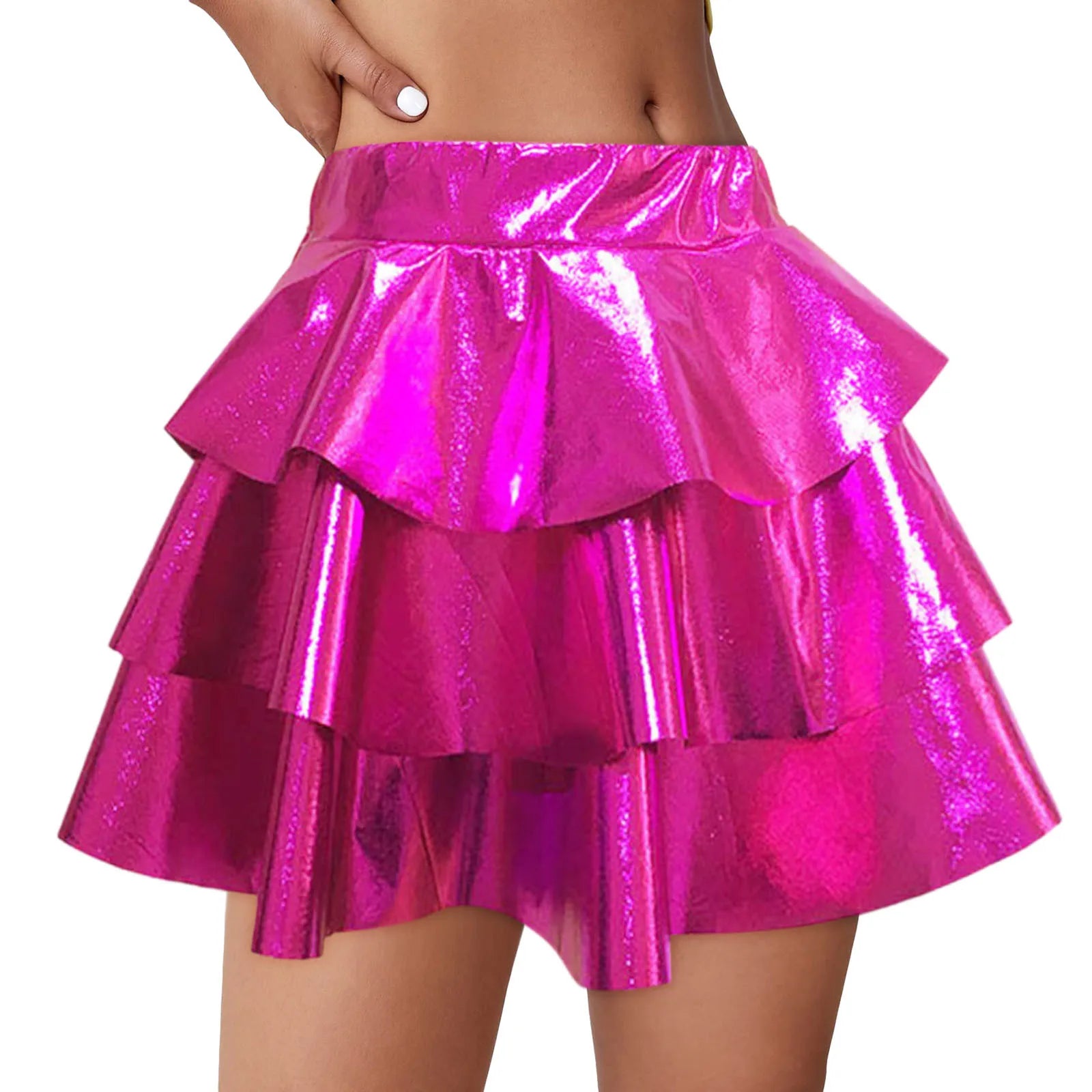 Women's Gold Metallic Tiered Mini Skirt Elastic High Waist Shiny Pu Ruffle Hem Party Skirts Dance Performance Festival Outfits