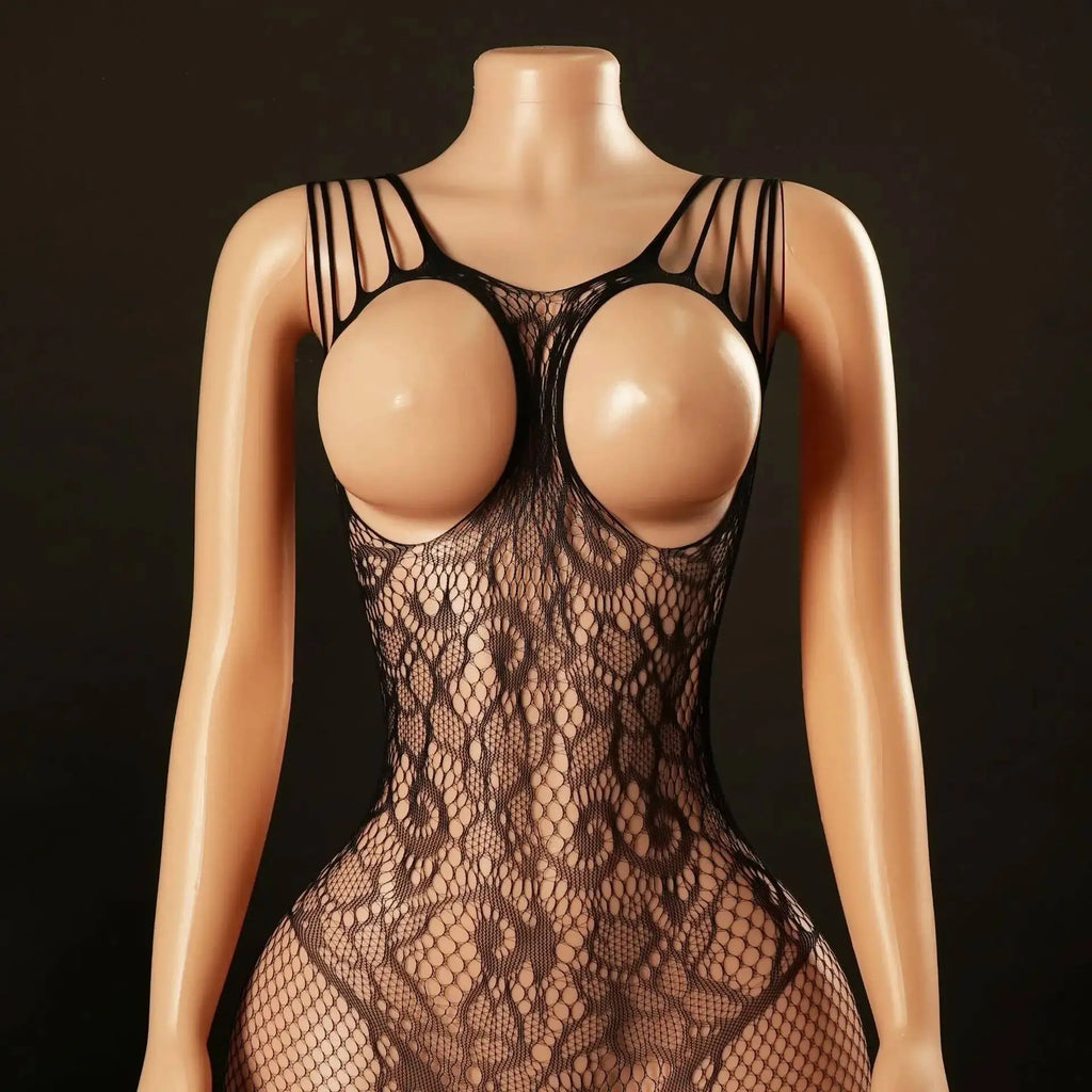 Sexy Bodysuit With Hollowed-out Chest Mesh Sexy One-piece Jacquard Open-crotch Halter Neck Backless Deep V Sleeveless Charm 57AF