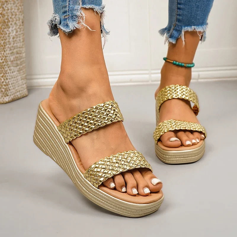 Lightweight Gold Wedge Heel Sandals Women Summer Woven Platform Gladiator Sandals Woman Plus Size 43 Thick Sole Sandalias Mujer
