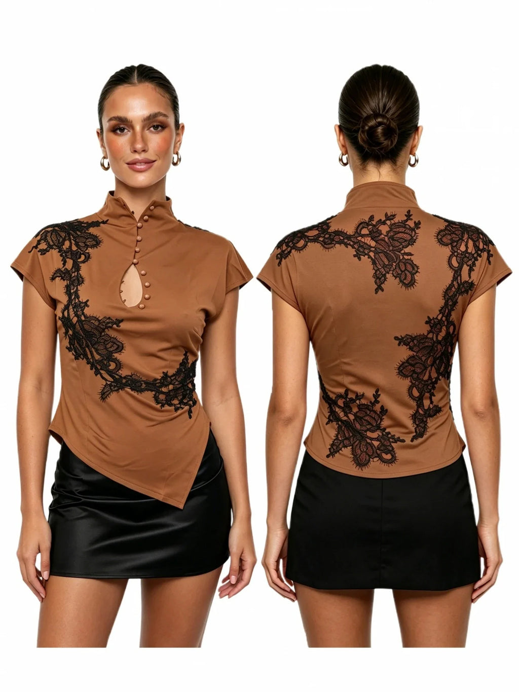 Women's Cheongsam Tops Mock Neck Short Sleeve Lace Patchwork  Blouse Chinese Style Keyhole Summer Shirts