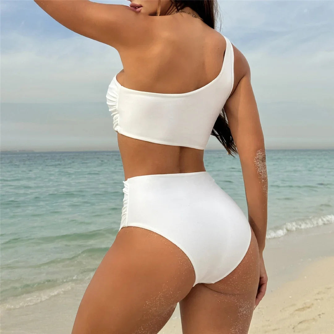 New Wrinkled One Shoulder High Waist Bikini Female Swimsuit Women Swimwear Two-Pieces Bikini Set Bather Bathing Suit Swim V5857