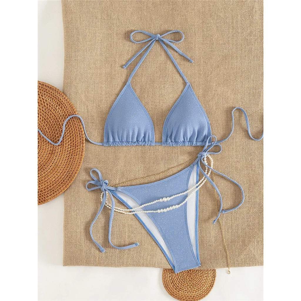2026 Glitter Sparkling Pearls Halter Bikini Women Swimwear Female Swimsuit Two-Pieces Bikini Set Bather Bathing Suit Swim V8342