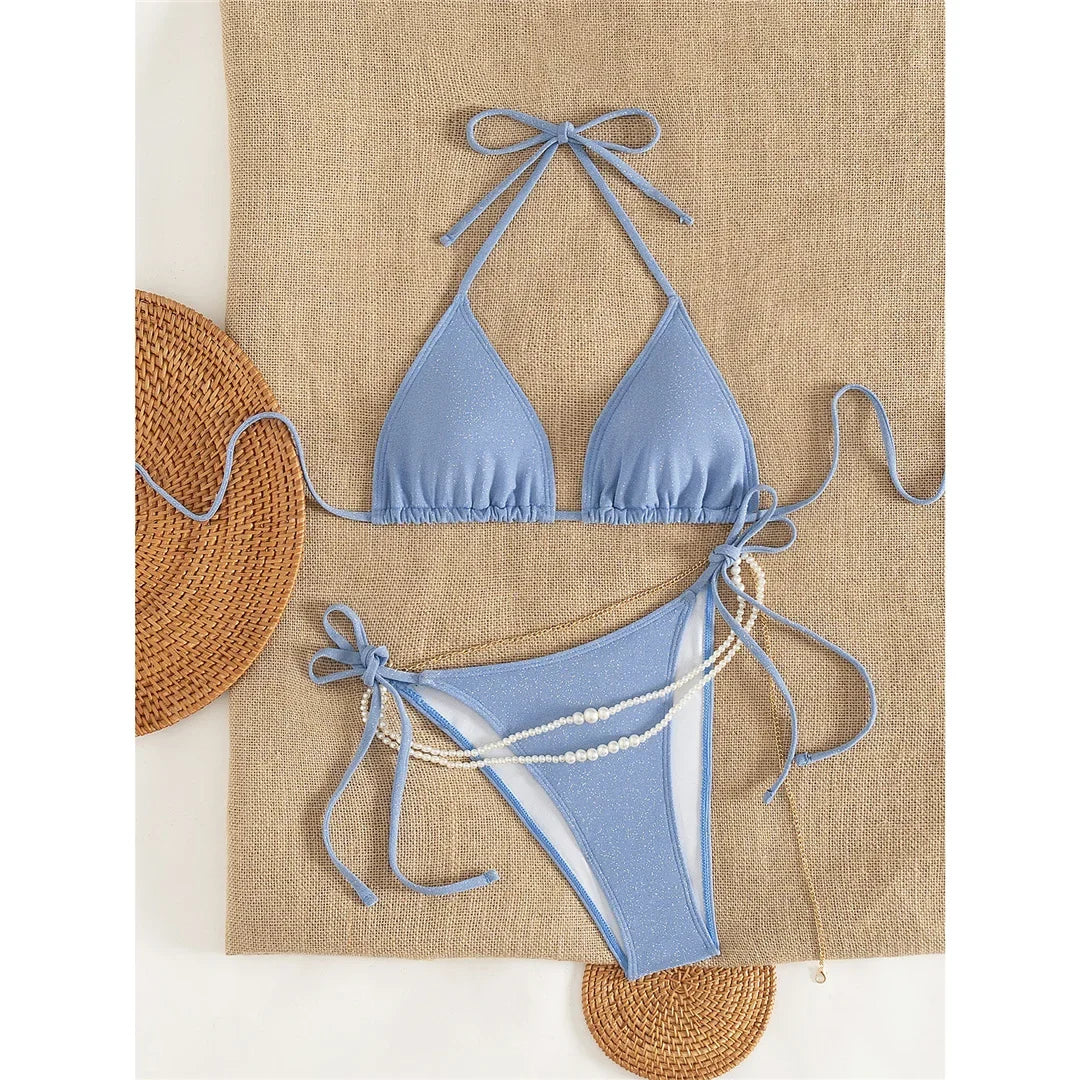 2026 Glitter Sparkling Pearls Halter Bikini Women Swimwear Female Swimsuit Two-Pieces Bikini Set Bather Bathing Suit Swim V8342