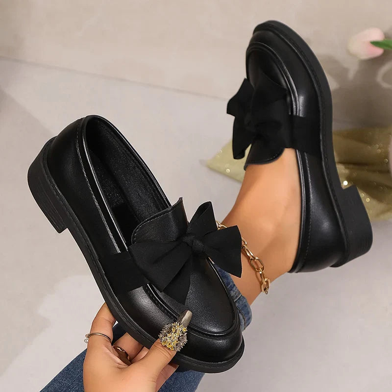 2025 Spring Black Bow Tie Loafers Women Preppy Platform Thick Sole Pumps Lady British Retro Style Office Pu Leather Shoes Mujer