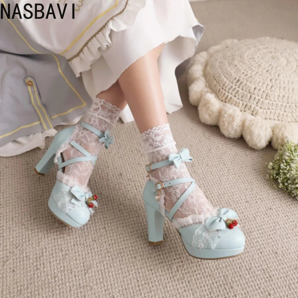 Blue White Ankle Sandals Girls Lace Strap Ankle Women High Heels Mary Janes Pumps Party Wedding Dress Bow Princess Lolita Shoes
