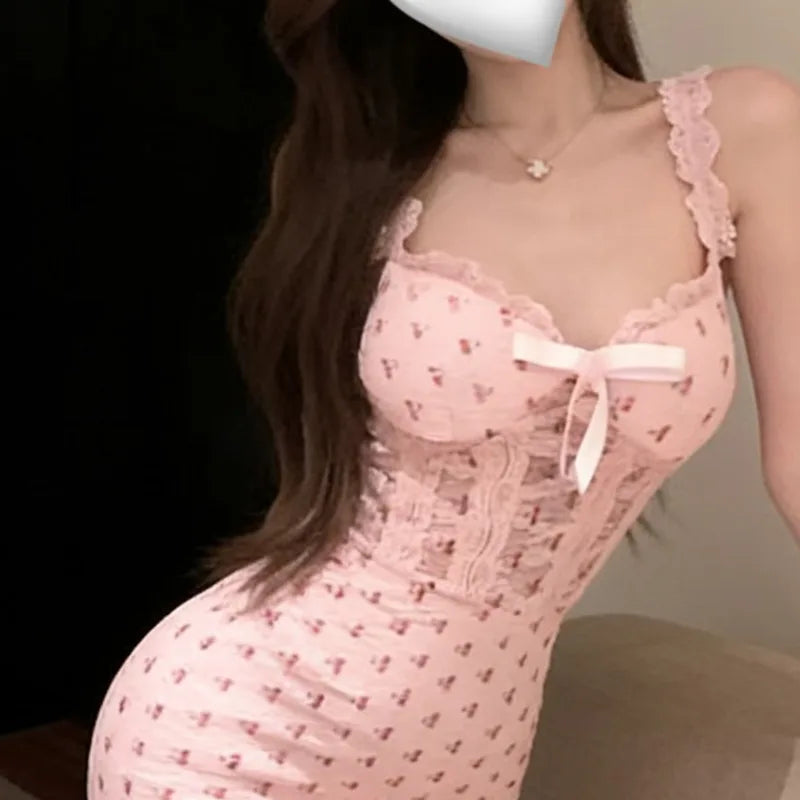 Straw Girl's Sexy Cherry Print Lace See-Through Nightdress with Chest Pads, Pure Desire Cute Lingerie 2592 5U1M