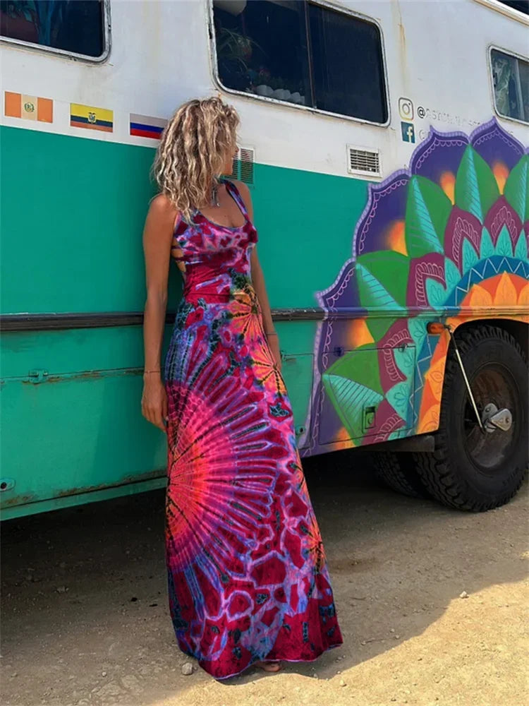 Women Summer Casual Long Dress Tie-Dye Print U-Neck Sleeveless Dress 2026 Fashion Cross Backless Dresses Bohemian Holiday Beach