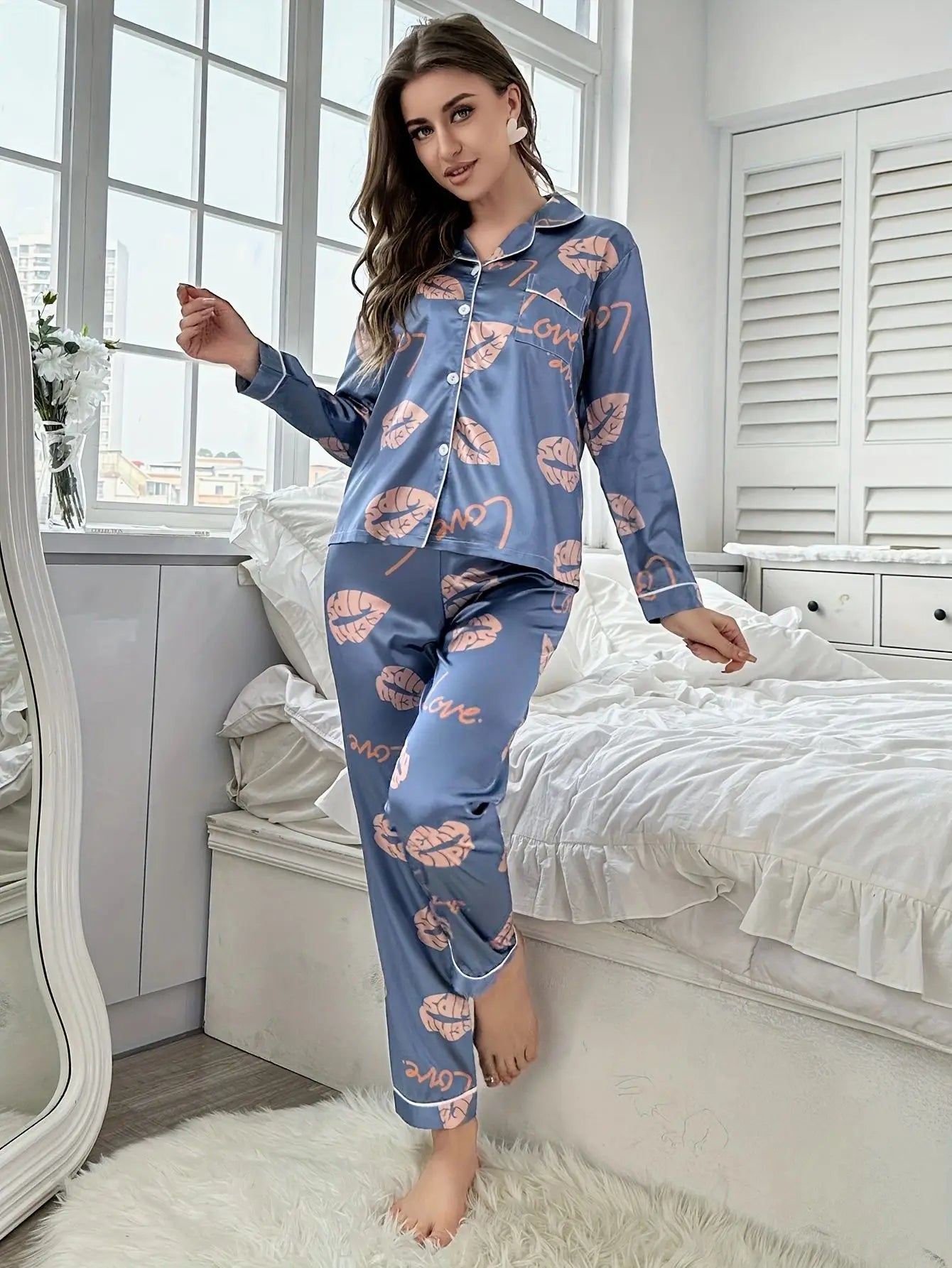 Home wear pajamas ice silk long sleeves trousers thin pajamas