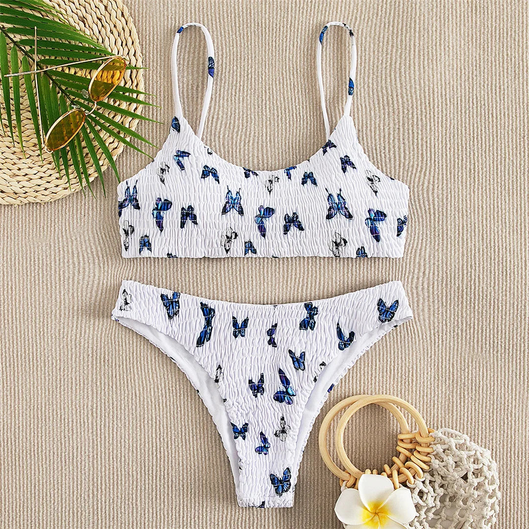 Sexy Wrinkled Butterfly Printed Bikini Female Swimsuit Women Swimwear Two-Pieces Bikini Set Bather Bathing Suit Swim Lady V713