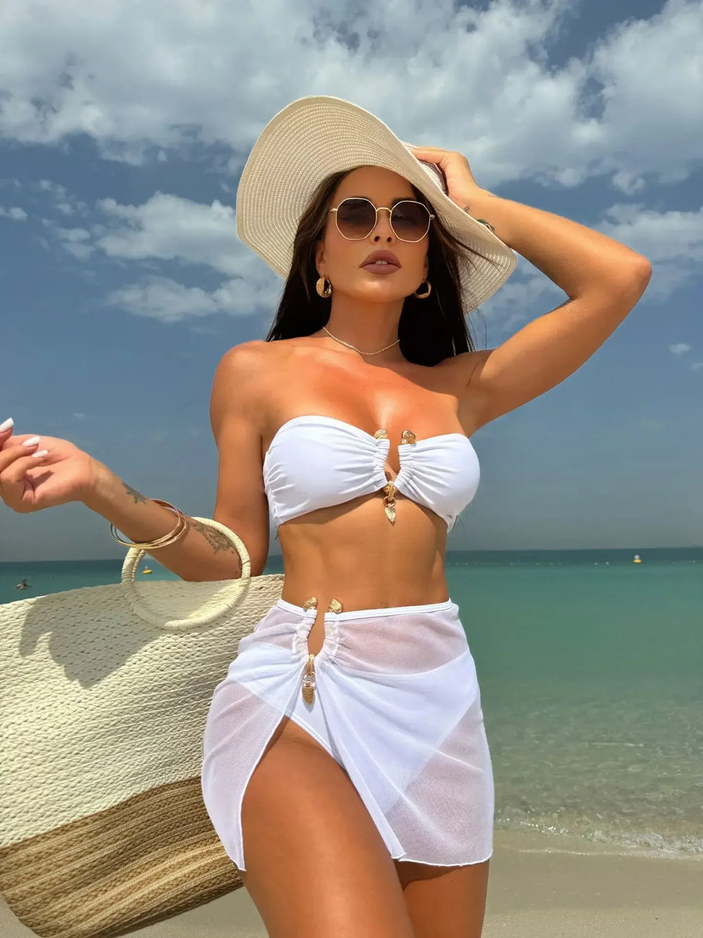 With Mesh Skirt Bandeau Bikini Women Swimwear Female Swimsuit Three-pieces Bikini Set Metal Ring Bathing Suit Swim Beachwear